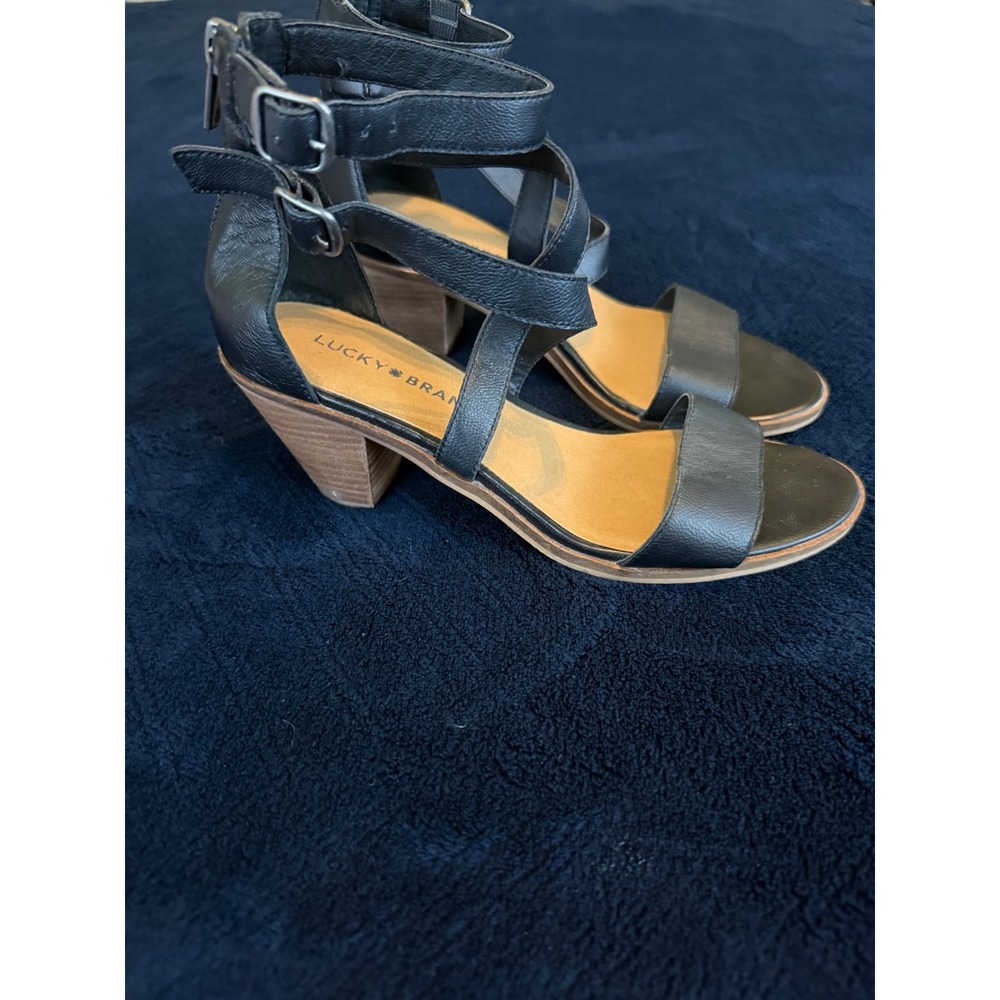 Lucky Brand LK-RESSIA Black Leather Multi Strap Block Heel Sandals Womens 7M